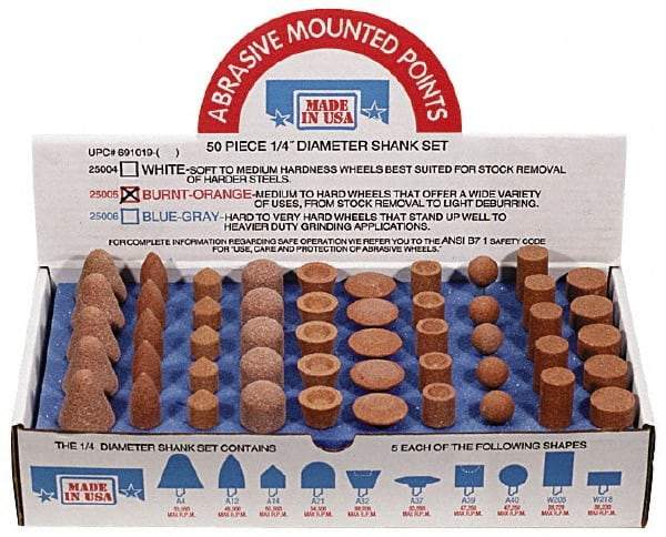 Made in USA - 50 Piece Aluminum Oxide Vitrified Mounted Stone Abrasive Point Set - Includes Shapes A4, A12, A14, A21, A32, A37, A39, A40, W206 & W218 - USA Tool & Supply