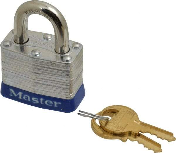 Master Lock - Keyed Alike Retaining Key Conductive Lockout Padlock - 3/4" Shackle Clearance, 9/32" Shackle Diam, 1-1/4" Body Height x 1-9/16" Body Width, Blue, 4 Pins - USA Tool & Supply