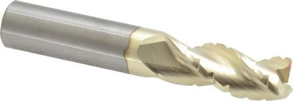 Accupro - 1/2" Diam, 1-1/4" LOC, 3 Flute Solid Carbide Roughing & Finishing Square End Mill - ZrN Finish, 3" OAL, 1/2" Shank Diam, Straight Shank, 37° Helix, Centercutting - USA Tool & Supply