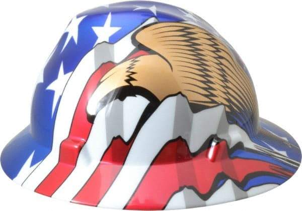MSA - ANSI Type I, Class E Rated, 8-Point, Ratchet Adjustment Hard Hat - Size 6-1/2 to 8, Colored Graphics, Full Brim, American Flag with Eagles - USA Tool & Supply