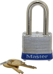 Master Lock - Keyed Alike Retaining Key Conductive Lockout Padlock - 1-1/2" Shackle Clearance, 9/32" Shackle Diam, 1-1/4" Body Height x 1-9/16" Body Width, Blue, 4 Pins - USA Tool & Supply