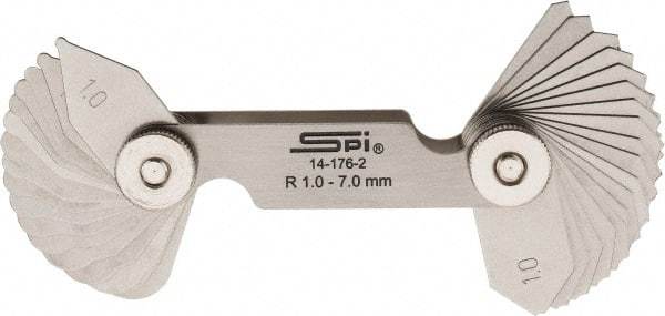 SPI - 34 Piece, 1 to 7 mm Radius, Stainless Steel Radius Gage Set - Style B, 0.25 mm Graduation - USA Tool & Supply