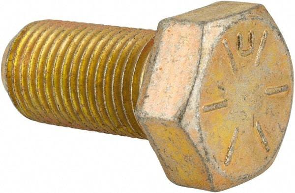 Made in USA - 1/2-20 UNF, 1" Length Under Head Hex Head Cap Screw - Fully Threaded, Grade 8 Alloy Steel, Zinc Yellow Dichromate Finish, 3/4" Hex - USA Tool & Supply