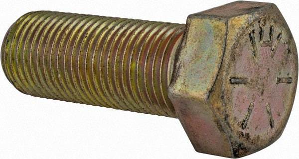 Made in USA - 9/16-18 UNF, 1-1/2" Length Under Head Hex Head Cap Screw - Fully Threaded, Grade 8 Alloy Steel, Zinc Yellow Dichromate Finish, 13/16" Hex - USA Tool & Supply