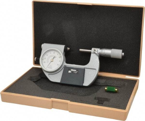 Mitutoyo - 1 to 2 Inch Range, 0.0001 Inch Graduation, Mechanical Indicating Micrometer - Accurate to 0.0001 Inch, Carbide-Tipped Measuring Face, Includes Fitted Plastic Case - USA Tool & Supply