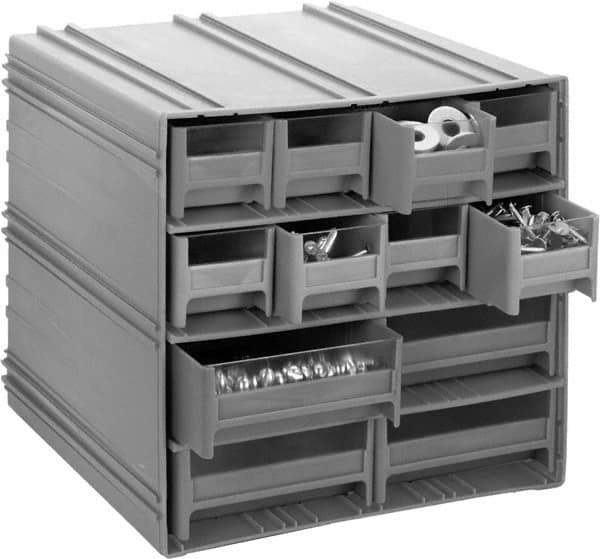 Quantum Storage - 14 Bin Interlocking Storage Cabinets - 11-3/4 Inch Overall Width x 11-3/8 Inch Overall Depth x 11 Inch Overall Height, Gray High Impact Polystyrene Bins - USA Tool & Supply