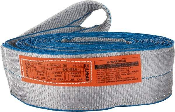 Lift-All - 20' Long x 4" Wide, 11,500 Lb Vertical Capacity, 2 Ply, Polyester Web Sling - 9,200 Lb Choker Capacity, Silver (Color) - USA Tool & Supply