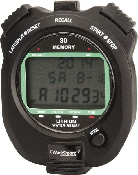 Value Collection - Water Resistant Digital Stopwatch - Pacer, Count Down Timer, CR2032, Back Lit, Black - USA Tool & Supply