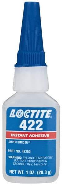 Loctite - 1 oz Bottle Clear Instant Adhesive - Series 422, 30 sec Working Time, 24 hr Full Cure Time, Bonds to Metal, Plastic & Rubber - USA Tool & Supply