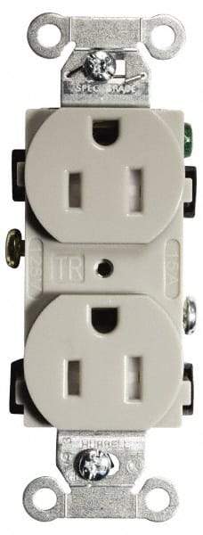 Hubbell Wiring Device-Kellems - 125 VAC, 15 Amp, 5-15R NEMA Configuration, Gray, Specification Grade, Self Grounding Duplex Receptacle - 1 Phase, 2 Poles, 3 Wire, Flush Mount, Tamper Resistant - USA Tool & Supply
