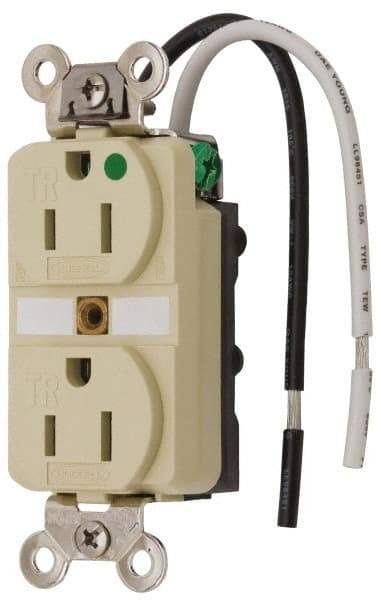 Hubbell Wiring Device-Kellems - 125 VAC, 15 Amp, 5-15R NEMA Configuration, Ivory, Hospital Grade, Self Grounding Duplex Receptacle - 1 Phase, 2 Poles, 3 Wire, Flush Mount, Chemical, Corrosion and Impact Resistant, Tamper Resistant - USA Tool & Supply
