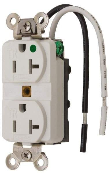Hubbell Wiring Device-Kellems - 125 VAC, 20 Amp, 5-20R NEMA Configuration, White, Hospital Grade, Self Grounding Duplex Receptacle - 1 Phase, 2 Poles, 3 Wire, Flush Mount, Chemical, Corrosion and Impact Resistant, Tamper Resistant - USA Tool & Supply