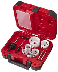 Milwaukee Tool - 10 Piece, 7/8" to 2-1/2" Saw Diam, Electrician's Hole Saw Kit - Bi-Metal, Toothed Edge, Pilot Drill Model No. 49-56-8010, Includes 6 Hole Saws - USA Tool & Supply