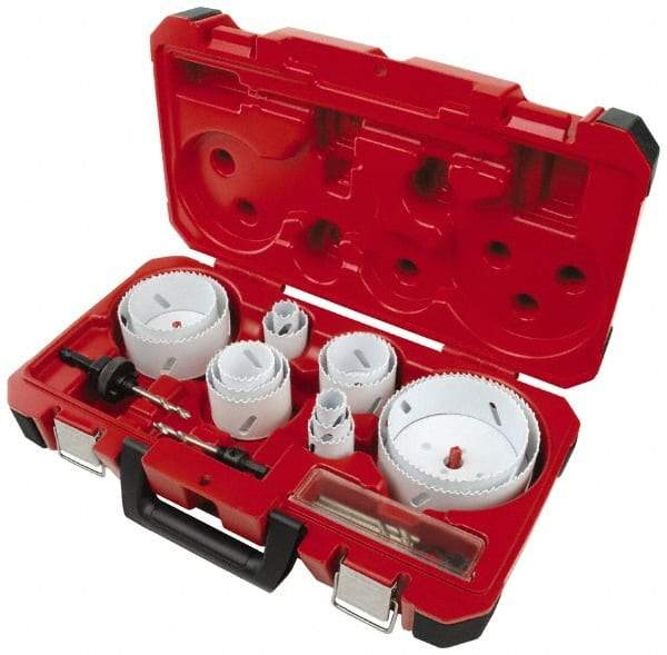 Milwaukee Tool - 19 Piece, 3/4" to 4-3/4" Saw Diam, Master Electrician's Hole Saw Kit - Bi-Metal, Toothed Edge, Pilot Drill Model No. 49-56-8010, Includes 14 Hole Saws - USA Tool & Supply