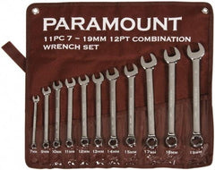 Paramount - 11 Piece, 7mm to 19mm, 12 Point Combination Wrench Set - Metric Measurement Standard, Full Polish Chrome Finish, Comes in Canvas Roll - USA Tool & Supply