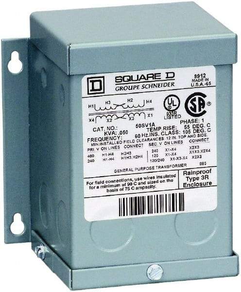 Square D - 1 Phase, 240 x 480 Volt Input, 120/240 Volt Output, 0.1 kVA, General Purpose Transformer - 3R NEMA Rating, 131°F Temp Rise, Indoor, Outdoor - USA Tool & Supply