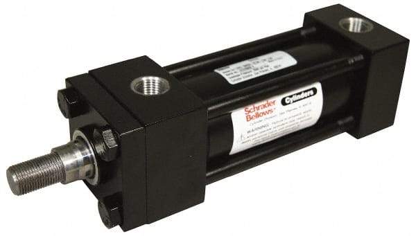 Schrader Bellows - 1-1/2" Bore, 5/8" Rod Diam, Double Acting NFPA Tie Rod Cylinder - 1" Stroke Length, 7/16-20 Rod Thread, 7-3/8" OAL, Prepared for Bolt on Mount - USA Tool & Supply
