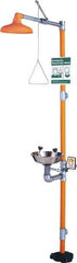 PRO-SAFE - 1-1/4" Inlet, 20 GPM shower Flow, Drench shower & Eyewash Station - Bowl, Triangular Pull Rod & Push Flag Activated, Galvanized Steel Pipe, Plastic Shower Head, 0.4 GPM Bowl Flow, Corrosion Resistant, Top or Mid Supply - USA Tool & Supply