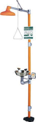 PRO-SAFE - 1-1/4" Inlet, 20 GPM shower Flow, Drench shower, Eye & Face Wash Station - Bowl, Triangular Pull Rod & Push Flag Activated, Galvanized Steel Pipe, Plastic Shower Head, 3 GPM Bowl Flow, Corrosion Resistant, Top or Mid Supply - USA Tool & Supply