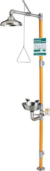 PRO-SAFE - 1-1/4" Inlet, 20 GPM shower Flow, Drench shower, Eye & Face Wash Station - Bowl, Triangular Pull Rod & Push Flag Activated, Stainless Steel Pipe, Stainless Steel Shower Head, 3 GPM Bowl Flow, Corrosion Resistant, Top or Mid Supply - USA Tool & Supply