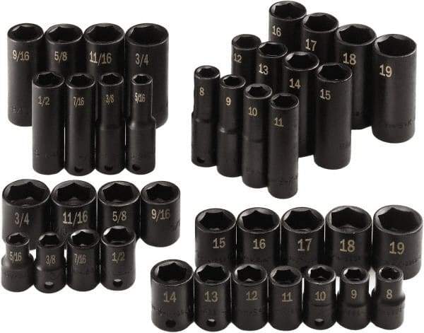 SK - 40 Piece 3/8" Drive Standard Socket Set - 6 Points, 5/16 to 3/4", 8 to 19mm, Inch/Metric Measurement Standard - USA Tool & Supply