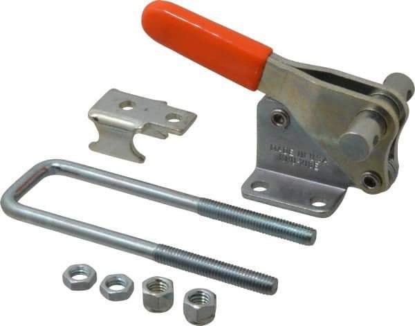Lapeer - 2,000 Lb Capacity, Vertical, U Hook, Flanged Base, Carbon Steel Pull Action Latch Clamp - 2-1/2" Drawing Movement, 5.21" OAL, Straight Handle - USA Tool & Supply