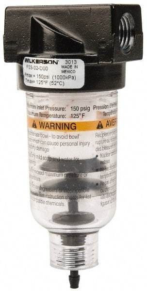 Wilkerson - 1/4" Port, 4.26" High x 1.69" Wide, Miniature FRL Filter with Polycarbonate Bowl & Piston Drain - 24 SCFM, 150 Max psi, 125°F Max - USA Tool & Supply