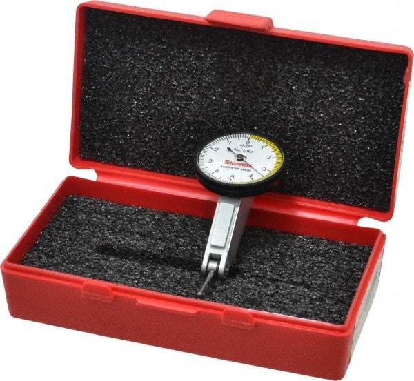 Starrett - 0.01 Inch Range, 0.0001 Inch Dial Graduation, Horizontal Dial Test Indicator - 1-3/8 Inch White Dial, 0-5-0 Dial Reading - USA Tool & Supply