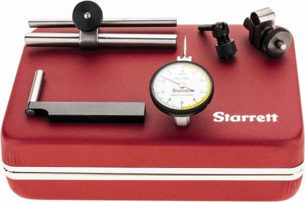 Starrett - 7 Piece, 0" to 0.01" Measuring Range, 1-3/8" Dial Diam, 0-5-0 Dial Reading, White Dial Test Indicator Kit - 13/16" Contact Point Length, 2mm Ball Diam, 0.0001" Dial Graduation - USA Tool & Supply