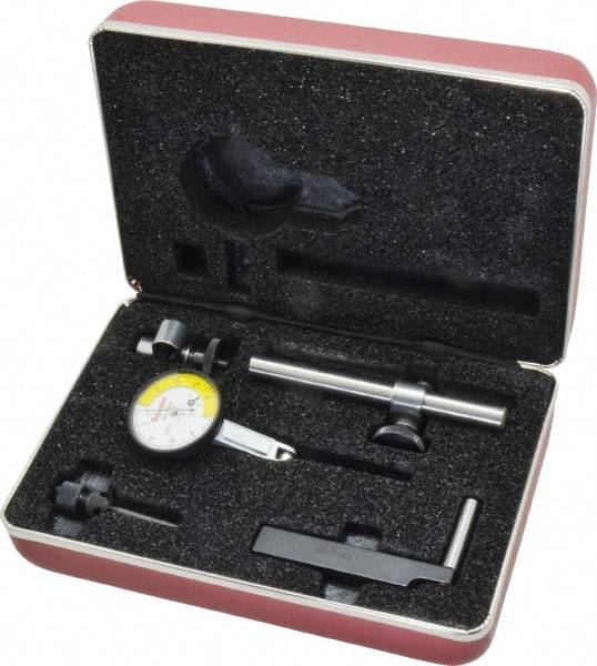 Starrett - 7 Piece, 0" to 0.02" Measuring Range, 1-3/8" Dial Diam, 0-5-0 Dial Reading, White Dial Test Indicator Kit - 13/16" Contact Point Length, 2mm Ball Diam, 0.0001" Dial Graduation - USA Tool & Supply