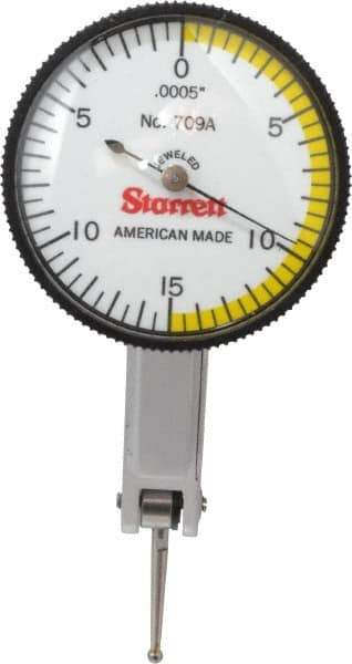 Starrett - 0.03 Inch Range, 0.0005 Inch Dial Graduation, Horizontal Dial Test Indicator - 1-3/8 Inch White Dial, 0-15-0 Dial Reading - USA Tool & Supply