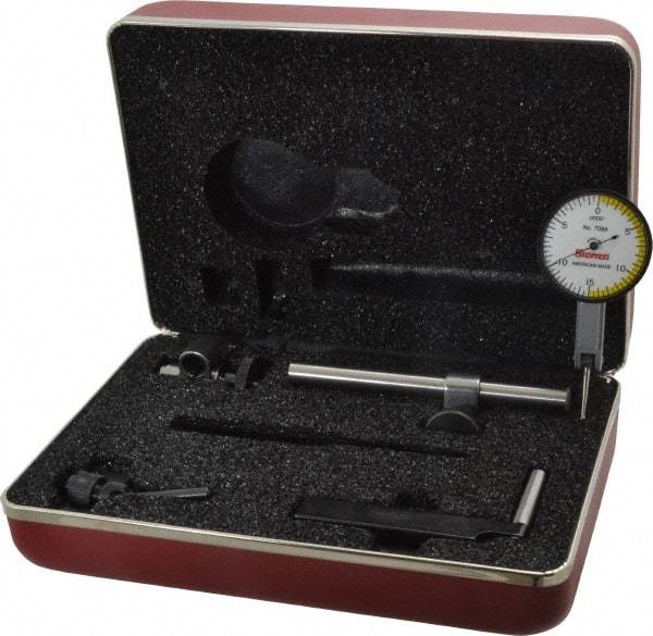 Starrett - 7 Piece, 0" to 0.03" Measuring Range, 1-3/8" Dial Diam, 0-15-0 Dial Reading, White Dial Test Indicator Kit - 13/16" Contact Point Length, 2mm Ball Diam, 0.0005" Dial Graduation - USA Tool & Supply