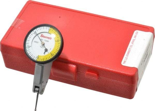 Starrett - 0.06 Inch Range, 0.0005 Inch Dial Graduation, Horizontal Dial Test Indicator - 1-3/8 Inch White Dial, 0-15-0 Dial Reading - USA Tool & Supply