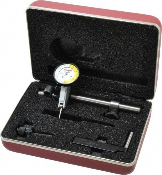 Starrett - 7 Piece, 0" to 0.06" Measuring Range, 1-3/8" Dial Diam, 0-15-0 Dial Reading, White Dial Test Indicator Kit - 13/16" Contact Point Length, 2mm Ball Diam, 0.0005" Dial Graduation - USA Tool & Supply
