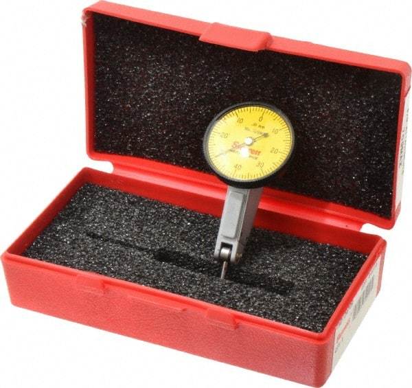 Starrett - 0.8 mm Range, 0.01 mm Dial Graduation, Horizontal Dial Test Indicator - 1-3/8 Inch Yellow Dial, 0-40-0 Dial Reading - USA Tool & Supply