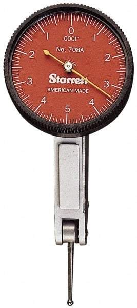 Starrett - 0.03 Inch Range, 0.0005 Inch Dial Graduation, Horizontal Dial Test Indicator - 1-3/8 Inch Red Dial, 0-15-0 Dial Reading - USA Tool & Supply