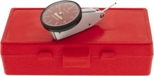 Starrett - 0.01 Inch Range, 0.0001 Inch Dial Graduation, Horizontal Dial Test Indicator - 1-3/8 Inch Red Dial, 0-5-0 Dial Reading - USA Tool & Supply