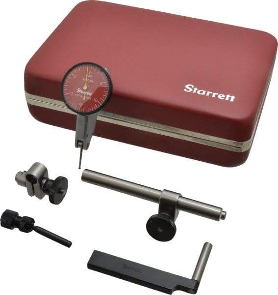 Starrett - 7 Piece, 0" to 0.03" Measuring Range, 1-3/8" Dial Diam, 0-15-0 Dial Reading, Red Dial Test Indicator Kit - 13/16" Contact Point Length, 2mm Ball Diam, 0.0005" Dial Graduation - USA Tool & Supply
