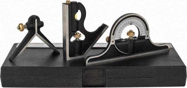 Starrett - 4 Piece, 12" Combination Square Set - 1/16, 1/32, 1/64 & 1/8" (4R) Graduation, Hardened Steel Blade, Cast Iron Center, Protractor & Square Head - USA Tool & Supply