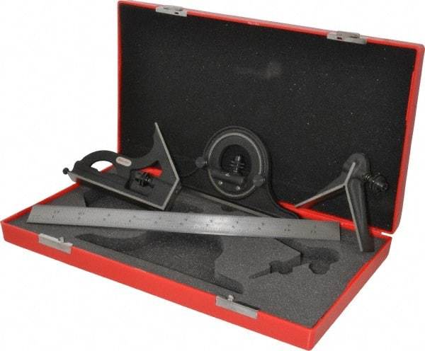 Starrett - 4 Piece, 12" Combination Square Set - 1/100, 1/32, 1/50 & 1/64" (16R) Graduation, Steel Blade, Cast Iron Center, Protractor & Square Head - USA Tool & Supply