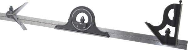 Starrett - 4 Piece, 24" Combination Square Set - 1/16, 1/32, 1/64 & 1/8" (4R) Graduation, Steel Blade, Cast Iron Center, Protractor & Square Head - USA Tool & Supply