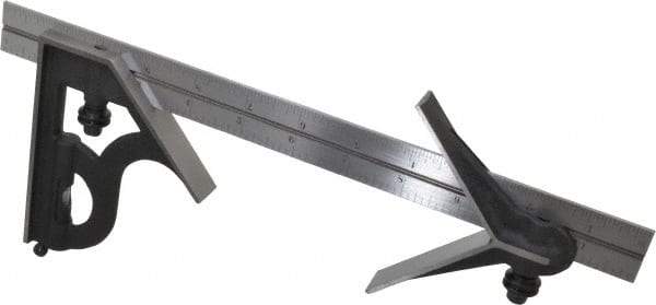 Starrett - 3 Piece, 12" Combination Square Set - 1/16, 1/32, 1/64 & 1/8" (4R) Graduation, Steel Blade, Cast Iron Center & Square Head - USA Tool & Supply