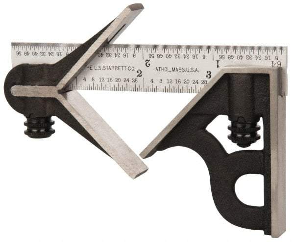 Starrett - 3 Piece, 4" Combination Square Set - 1/16, 1/32, 1/64 & 1/8" (4R) Graduation, Steel Blade, Cast Iron Center & Square Head - USA Tool & Supply