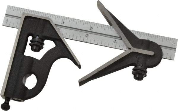 Starrett - 3 Piece, 6" Combination Square Set - 1/16, 1/32, 1/64 & 1/8" (4R) Graduation, Steel Blade, Cast Iron Center & Square Head - USA Tool & Supply