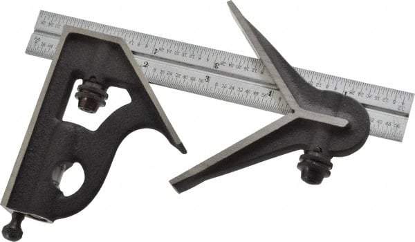 Starrett - 3 Piece, 6" Combination Square Set - 1/100, 1/32, 1/50 & 1/64" (16R) Graduation, Steel Blade, Cast Iron Center & Square Head - USA Tool & Supply