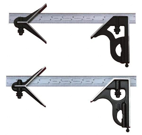 Starrett - 3 Piece, 24" Combination Square Set - 1/100, 1/32, 1/50 & 1/64" (16R) Graduation, Steel Blade, Cast Iron Center & Square Head - USA Tool & Supply