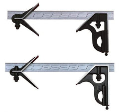 Starrett - 3 Piece, 18" Combination Square Set - 1/100, 1/32, 1/50 & 1/64" (16R) Graduation, Steel Blade, Cast Iron Center & Square Head - USA Tool & Supply