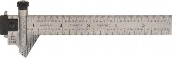 Starrett - 6 Inch Long, 59° Bevel Angle, Ruler Drill Point Gage - 1/32 Inch Bevel x 1/64 to 1/8 Ruler Graduation, Removable and Adjustable Ruler Hook, Depth Gage, Hook Rule, Plain Rule, Slide Caliper Function, Use with Rules 18.7mm Wide by 3/64 Inch Thick - USA Tool & Supply