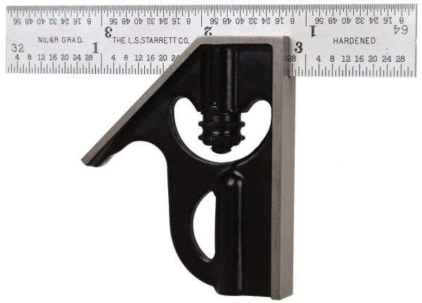 Starrett - 2 Piece, 4" Combination Square Set - 1/16, 1/32, 1/64 & 1/8" (4R) Graduation, Steel Blade, Forged Steel Square Head - USA Tool & Supply