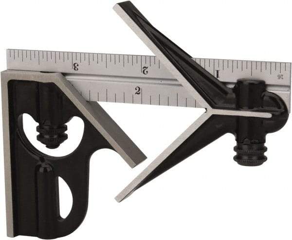 Starrett - 3 Piece, 4" Combination Square Set - 1/16, 1/32, 1/64 & 1/8" (4R) Graduation, Steel Blade, Forged Steel Center & Square Head - USA Tool & Supply